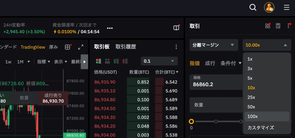 Bybitのでレバレッジを設定する画面